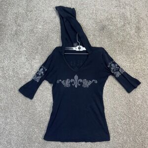 Sledge USA T Shirt Top Womens Medium Black Fleur de Lis Graphic Hoodie